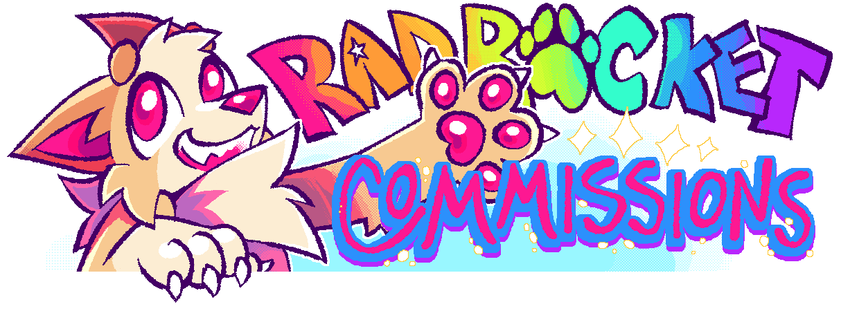 a drawing of my fursona, Bread, and the words 'RADROCKET COMMISSIONS'